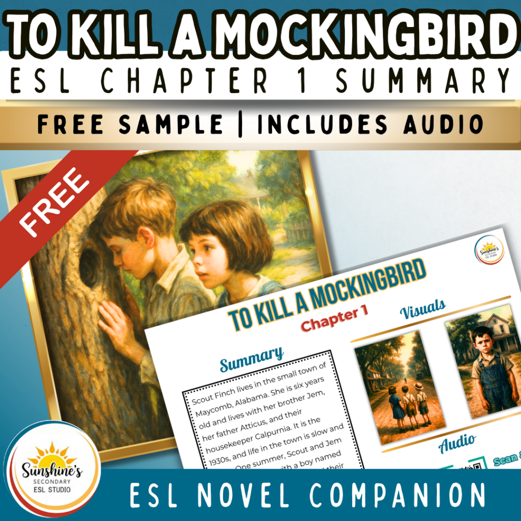 ESL students using a To Kill a Mockingbird chapter 1 summary with audio support in a high school classroom