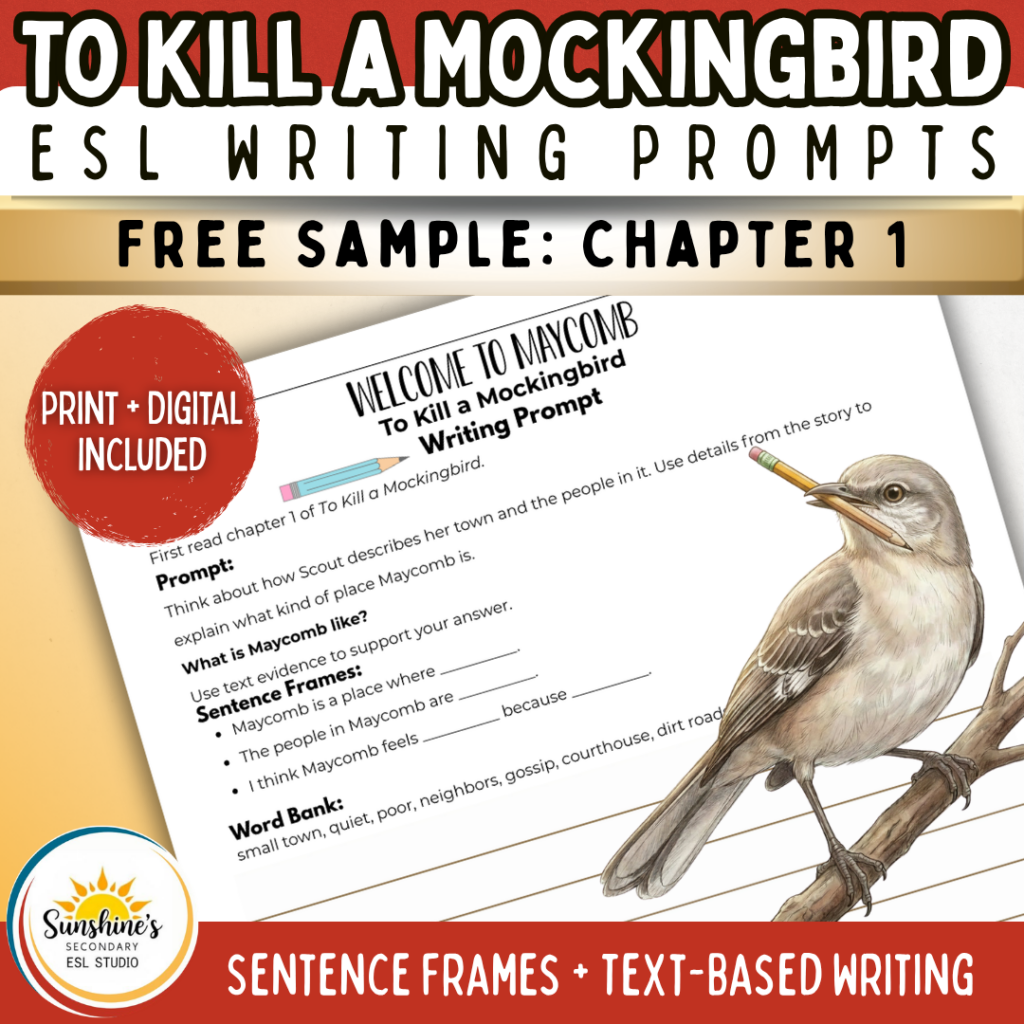 ESL students completing a To Kill a Mockingbird chapter 1 writing prompt with sentence frames in a high school classroom