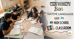 High school ESL students collaborating in small groups while using bilingual learning strategies in class
