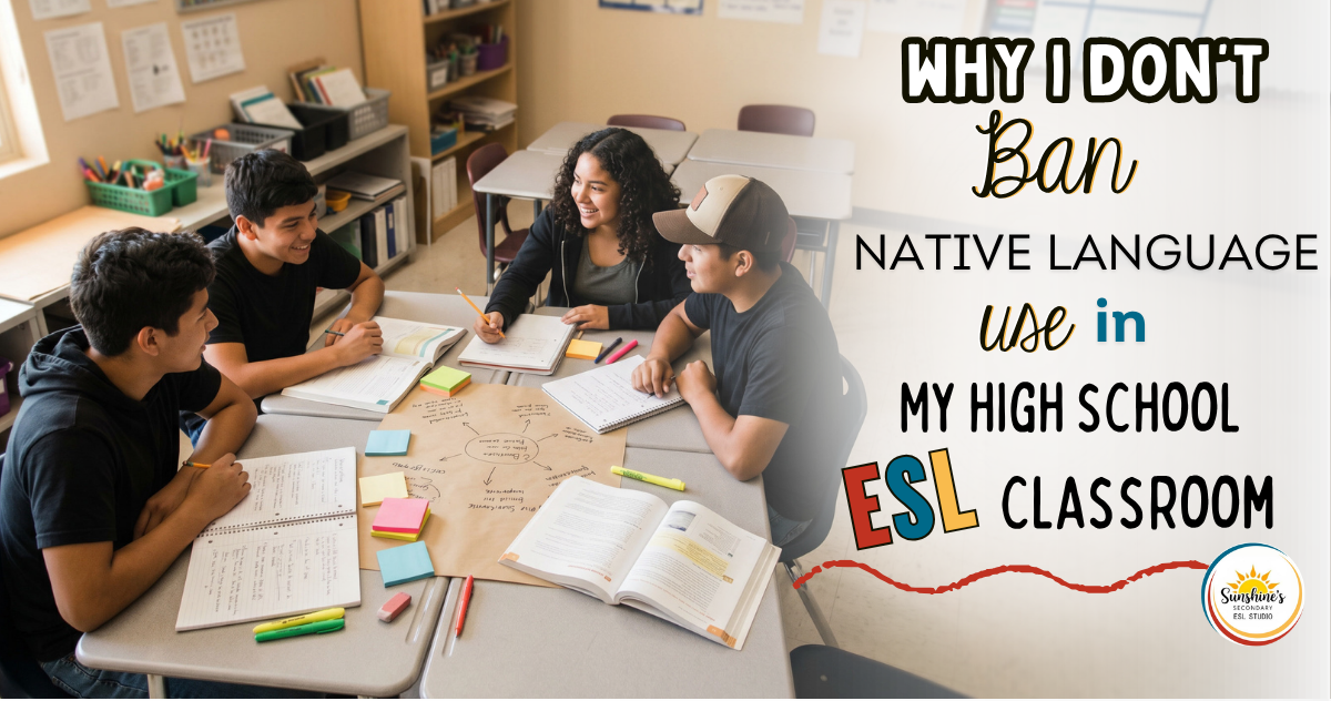 High school ESL students collaborating in small groups while using bilingual learning strategies in class