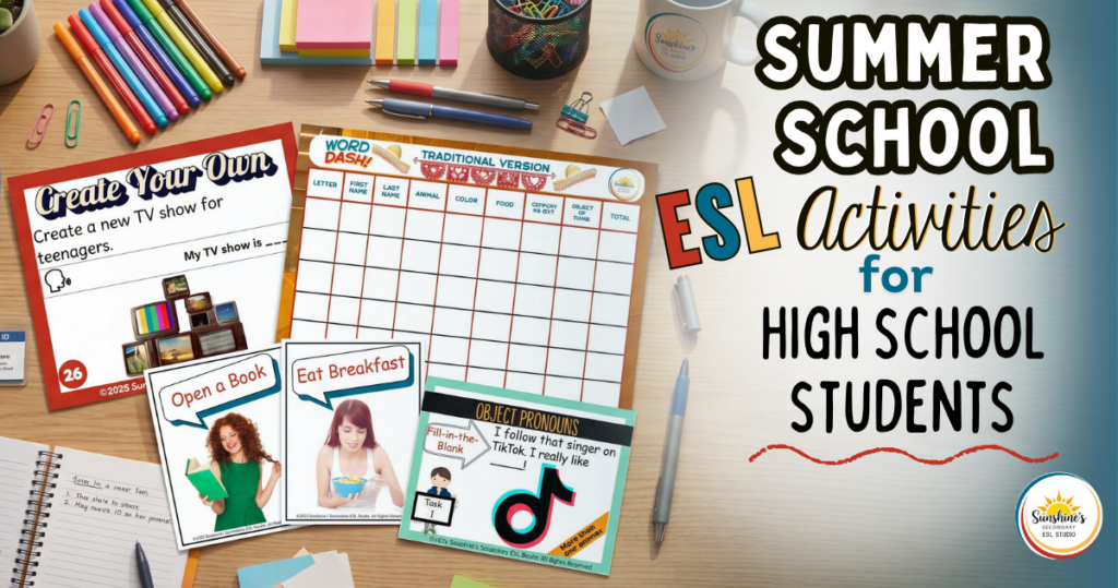 Summer school ESL activities for high school students featuring speaking cards, grammar task cards, and vocabulary games for teens