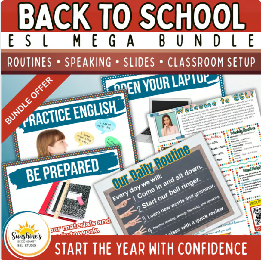 Back to school ESL mega bundle with routines, speaking activities, slides, and classroom setup resources