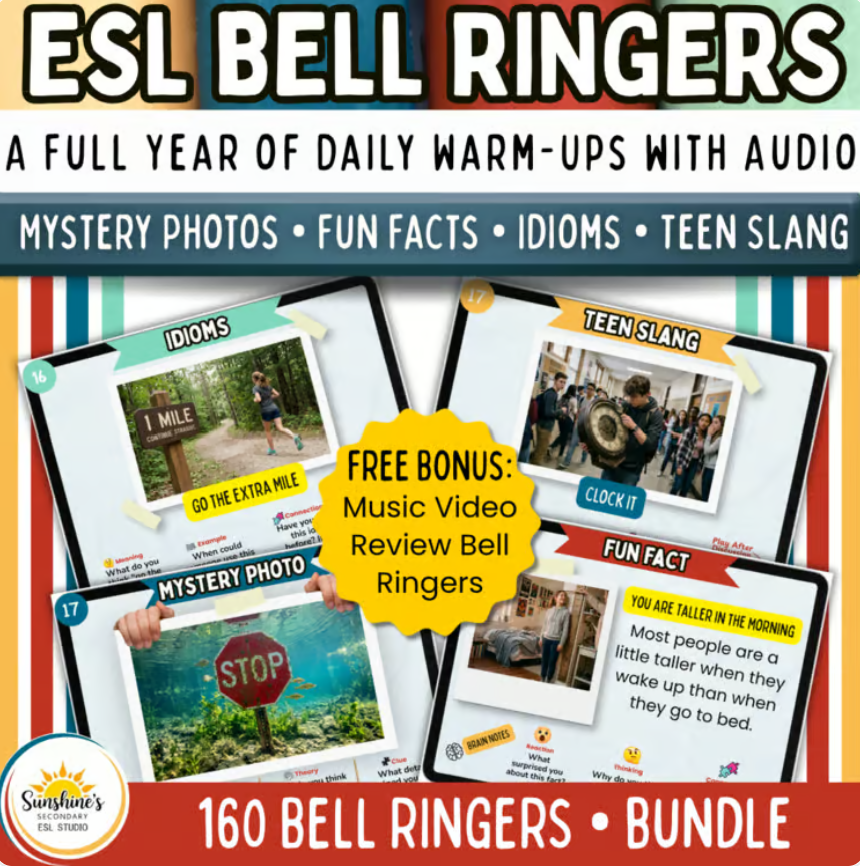 Yearlong ESL bell ringers bundle with audio, mystery photos, fun facts, idioms, and teen slang for secondary English learners.