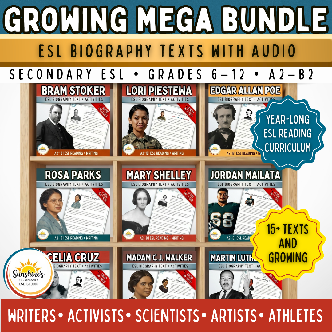 ESL biography texts with audio growing mega bundle for secondary students in grades 6–12