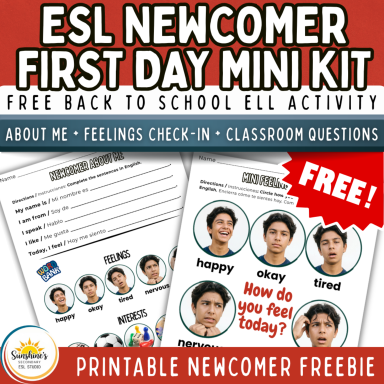 ESL Newcomer First Day Mini Kit free Back to School ELL activity with About Me, feelings check-in, and classroom questions printable pages