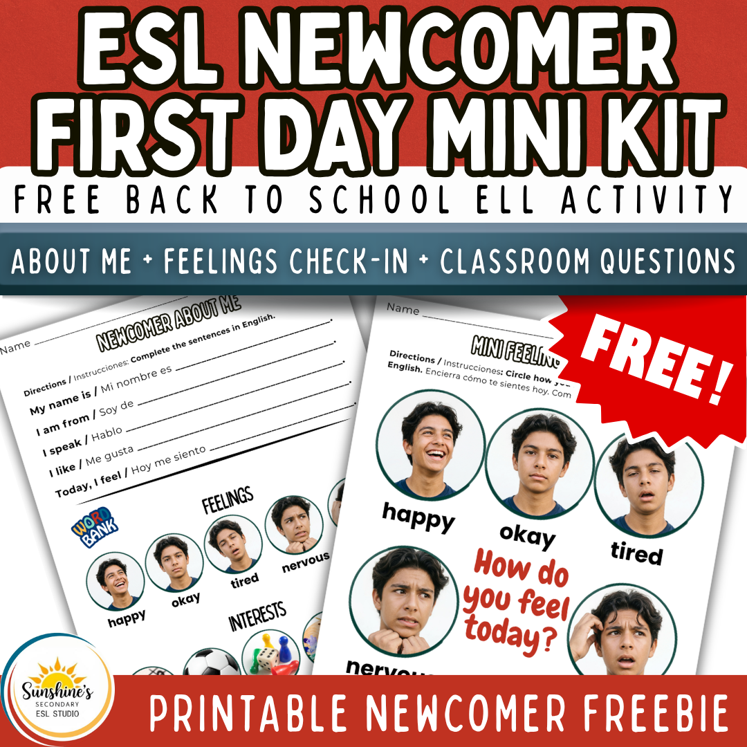 ESL Newcomer First Day Mini Kit free Back to School ELL activity with About Me, feelings check-in, and classroom questions printable pages