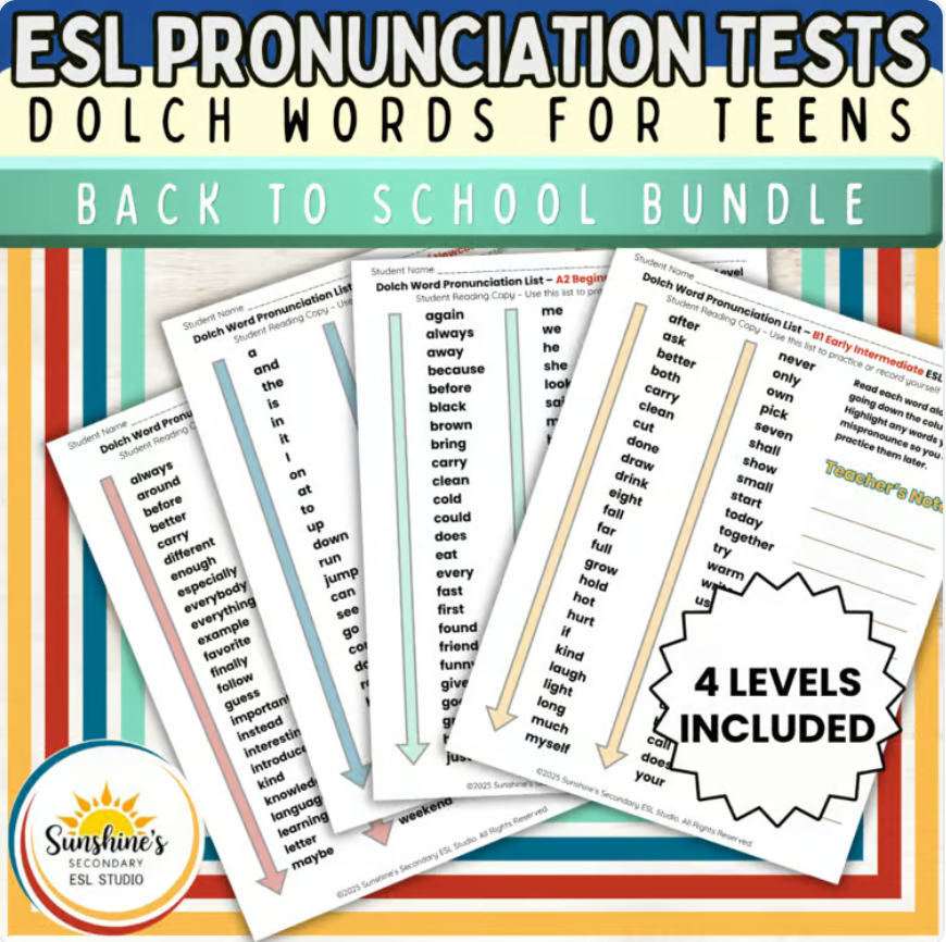 Best-selling ESL pronunciation tests with Dolch word lists for teen English learners in four levels.