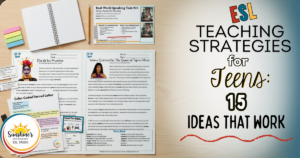 Blog header for ESL teaching strategies for teens with high school ESL worksheets, speaking task cards, reading passages, and classroom materials on a student desk.