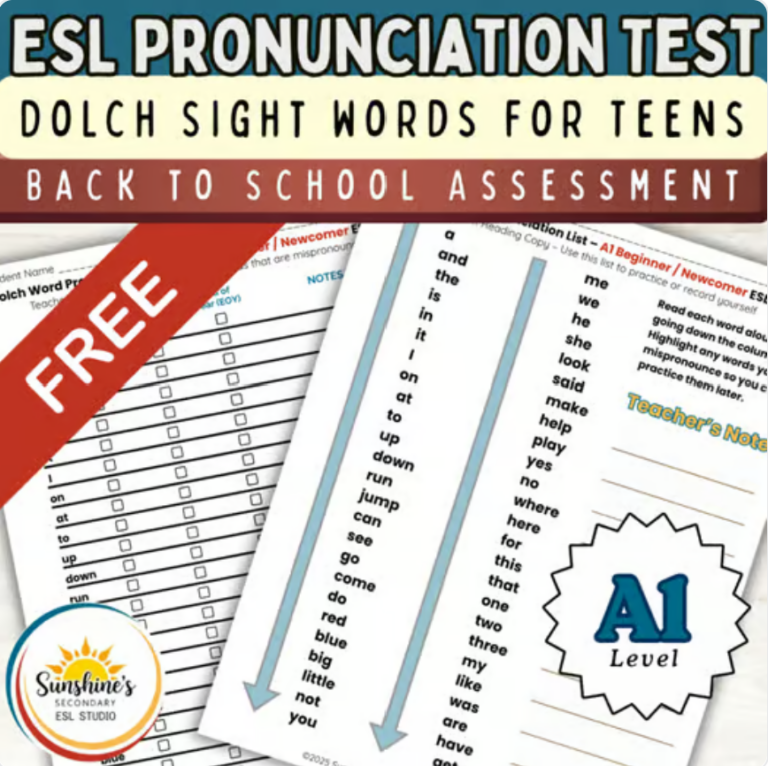 Free A1 ESL pronunciation test using Dolch sight words for teen newcomers, with printable teacher checklist and student word list pages.
