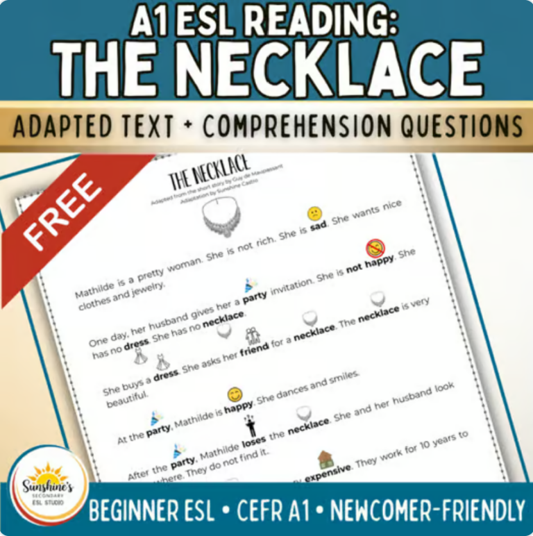Free A1 ESL reading resource for The Necklace with an adapted text and comprehension questions for beginner ESL and newcomer students.