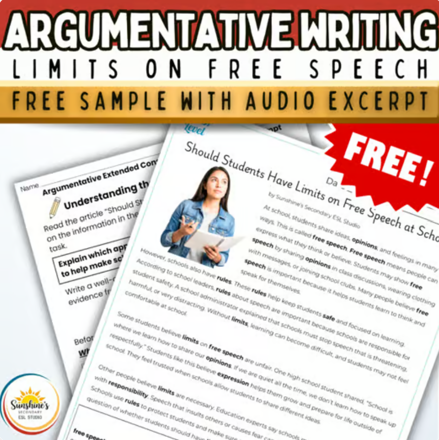 Free argumentative writing ESL sample about limits on free speech with reading passage, writing prompt, and audio excerpt.
