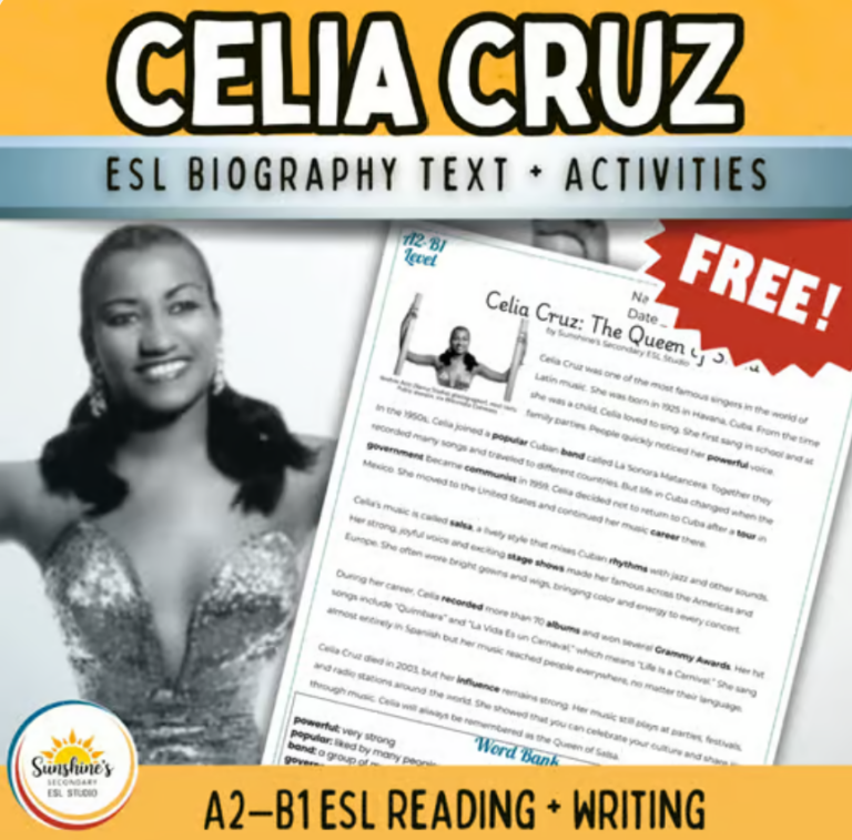 Free Celia Cruz ESL biography text and activities for A2 to B1 secondary ESL students, with reading and writing practice.