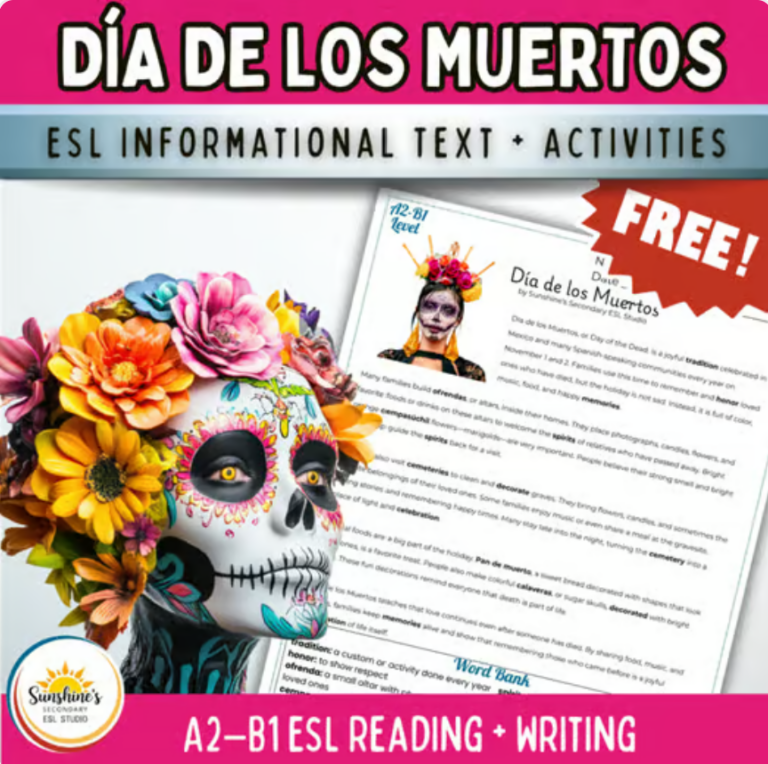 Free Día de los Muertos ESL informational text and activities for A2 to B1 secondary ESL students, with reading and writing practice.