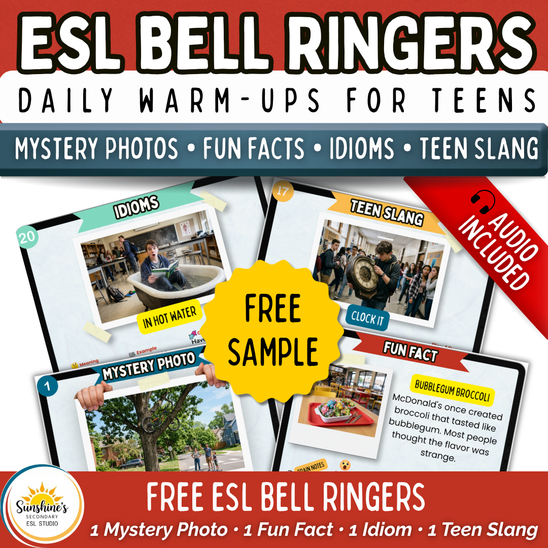 Free ESL bell ringers daily warm-ups for teens with mystery photos, fun facts, idioms, teen slang, and audio