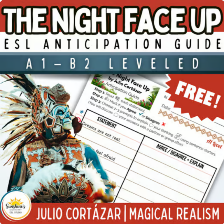 Free ESL anticipation guide for The Night Face Up by Julio Cortázar, with A1 to B2 leveled statements for secondary English learners.