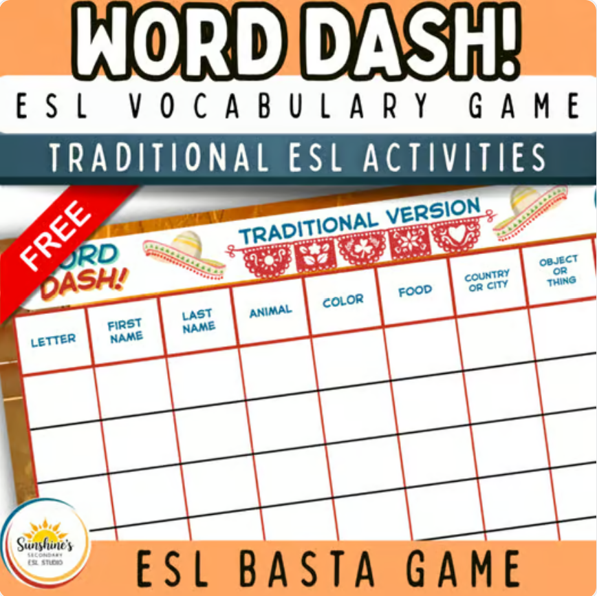 Free Word Dash ESL vocabulary game inspired by Basta with categories for teen English learners.