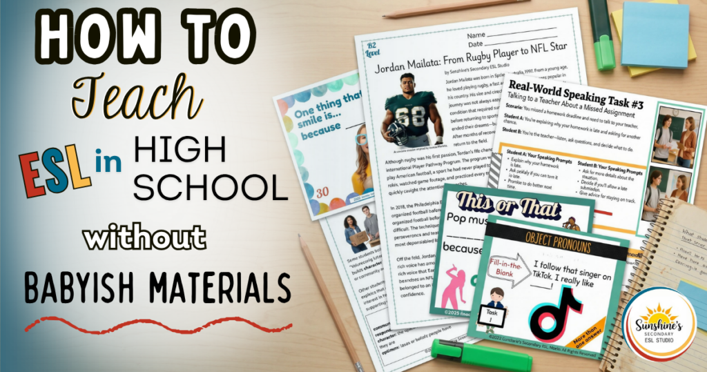 Blog header showing teen-friendly high school ESL worksheets, task cards, and classroom materials for teaching ESL without babyish resources.