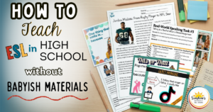 Blog header showing teen-friendly high school ESL worksheets, task cards, and classroom materials for teaching ESL without babyish resources.