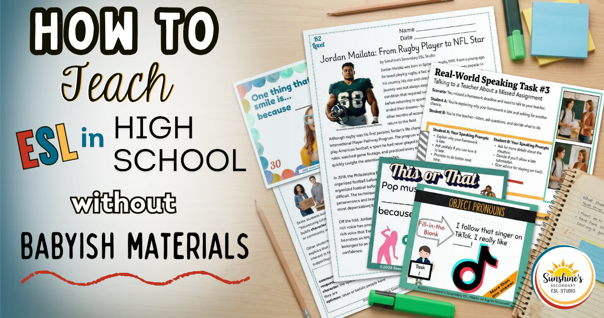 Blog header showing teen-friendly high school ESL worksheets, task cards, and classroom materials for teaching ESL without babyish resources.