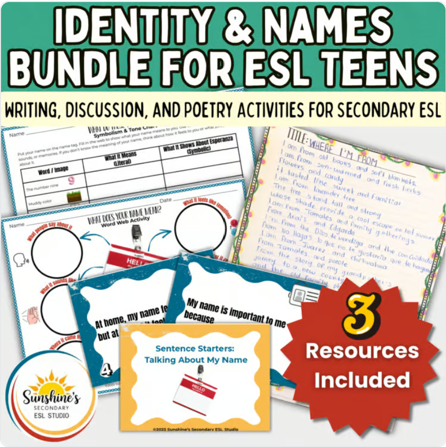 Identity and names bundle for ESL teens with writing, discussion, and poetry activities for secondary ESL students.