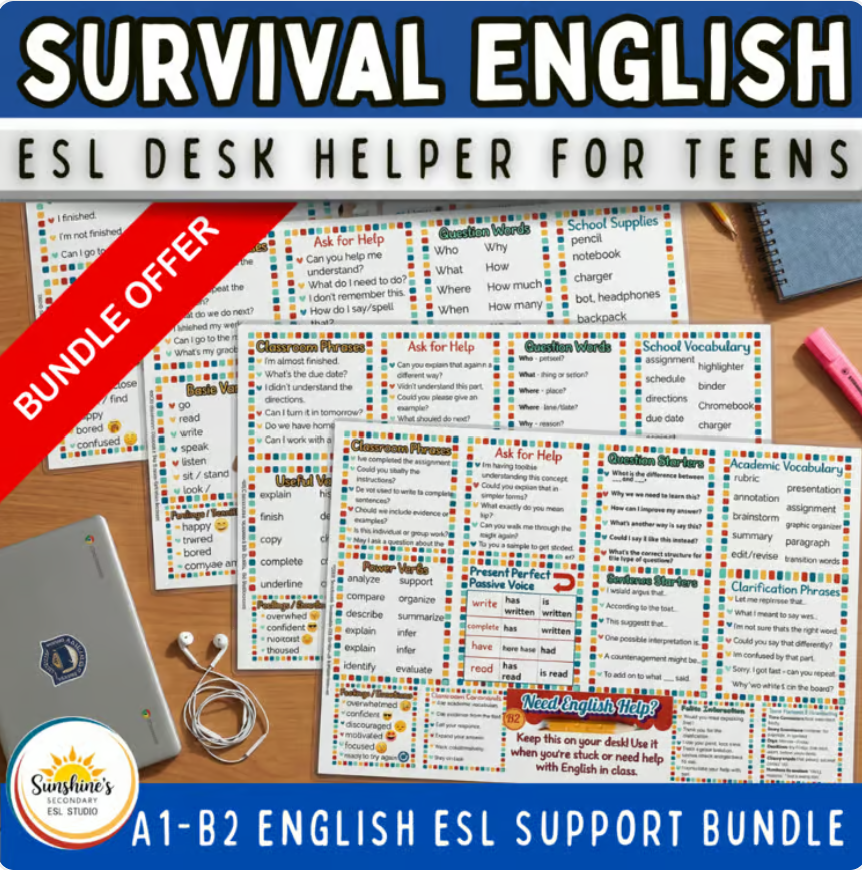 Survival English ESL desk helper bundle for teens with A1 to B2 English supports, classroom phrases, question words, vocabulary, and writing starters.