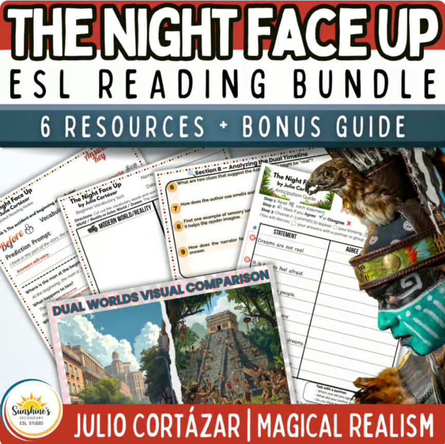 The Night Face Up ESL reading bundle with comprehension questions, vocabulary, visual comparison, and magical realism activities.