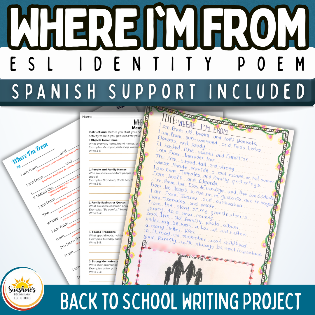 Where I’m From ESL identity poem writing project with Spanish support for back to school