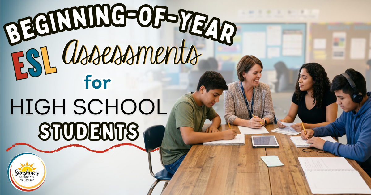High school ESL teacher conducting beginning-of-year ESL assessments with secondary English learners in speaking, listening, reading, and writing activities.