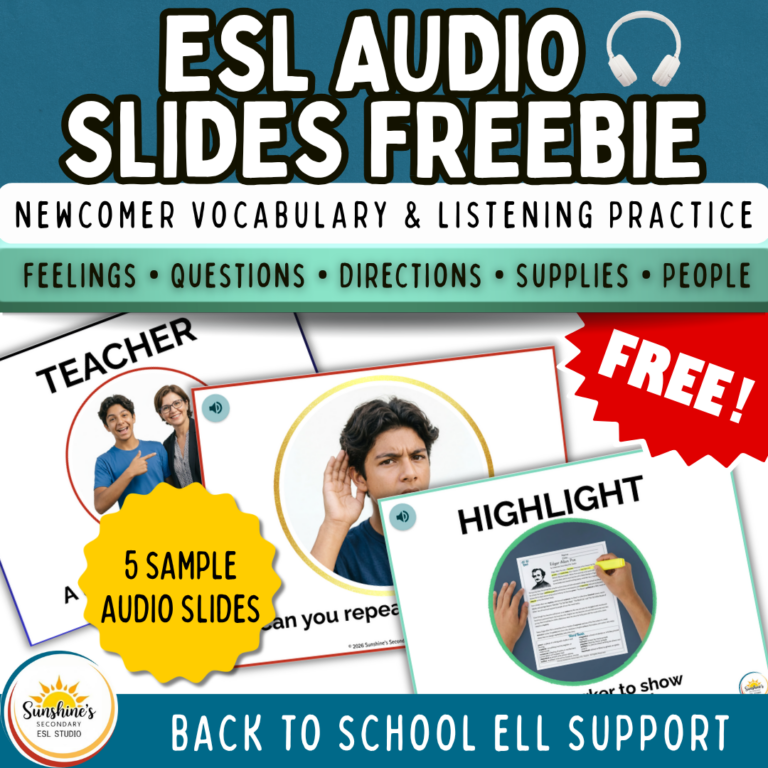 ESL audio slides freebie for newcomer vocabulary and listening practice with feelings, questions, directions, supplies, and people.
