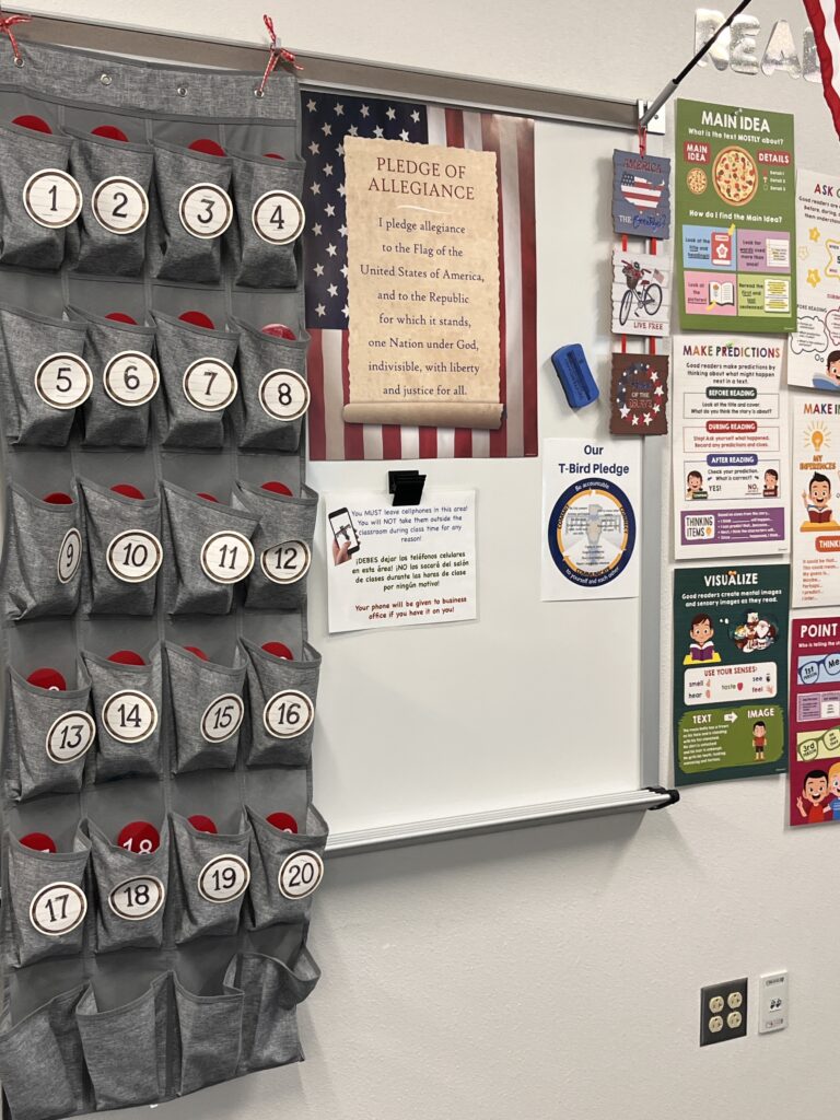 Numbered cellphone pocket chart beside bilingual classroom rules and reading strategy posters in an ESL classroom