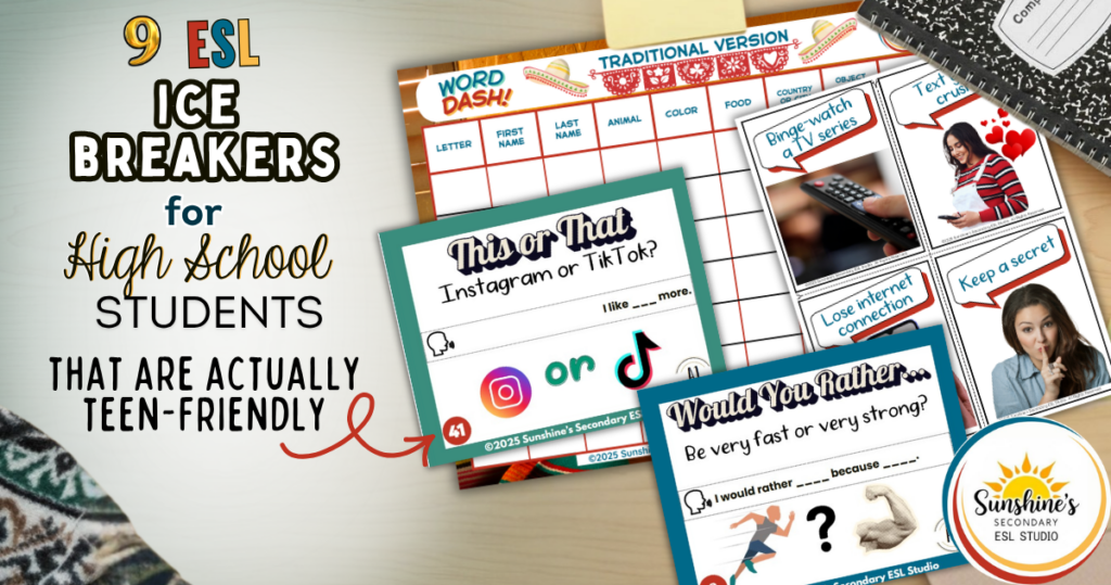 Teen-friendly ESL icebreakers for high school students featuring Would You Rather cards, This or That prompts, and the Word Dash vocabulary game.