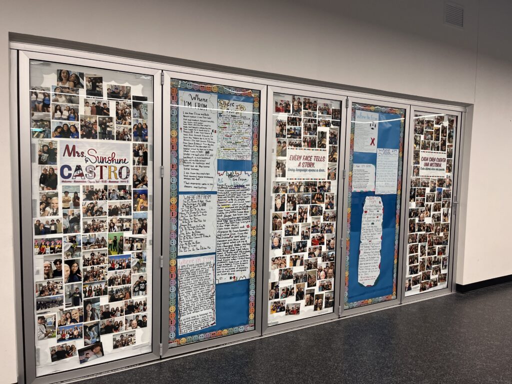 High school ESL identity writing displayed in a classroom