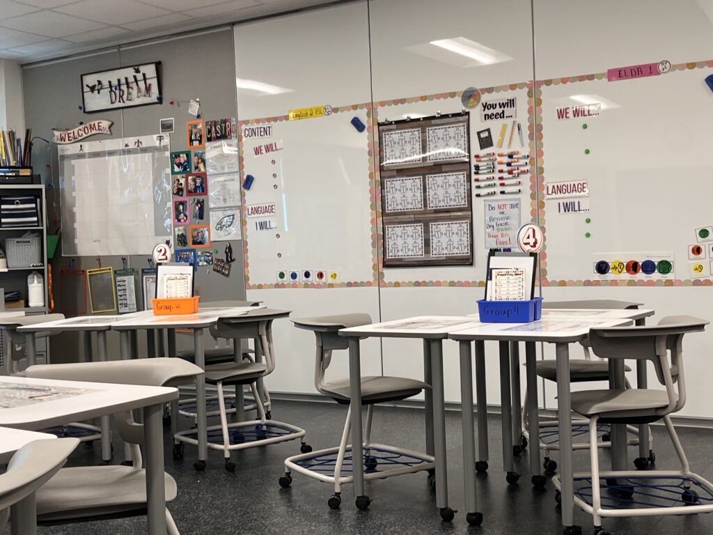 Secondary ESL classroom with grouped tables, content and language objective boards, and student support bins