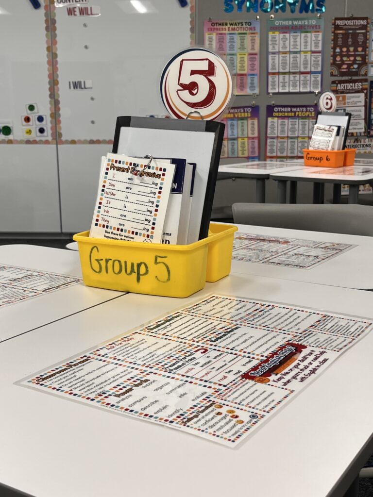 Laminated survival English desk mats and a numbered group caddy on a high school ESL table