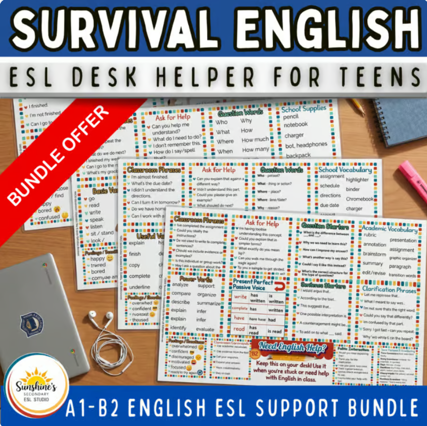 Survival English ESL desk mats for high school classrooms with A1–B2 language supports for multilingual learners