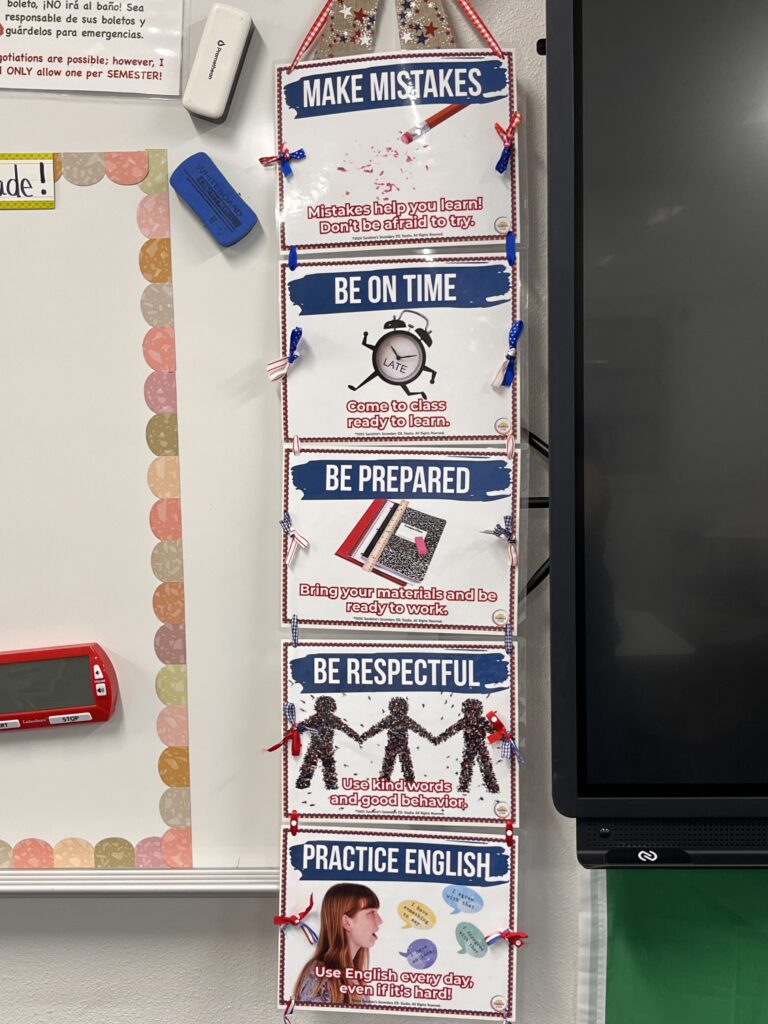 Visual ESL classroom expectations posters for making mistakes, arriving on time, being prepared, showing respect, and practicing English
