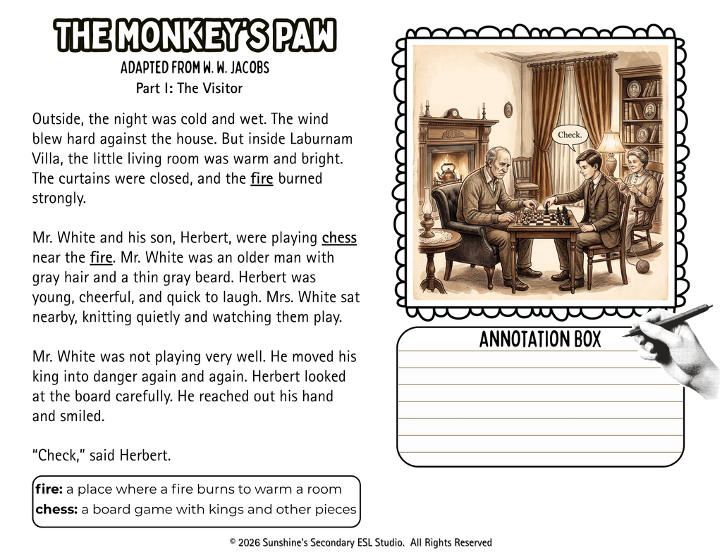 The Monkey’s Paw adapted reading for secondary ESL students with visual vocabulary support