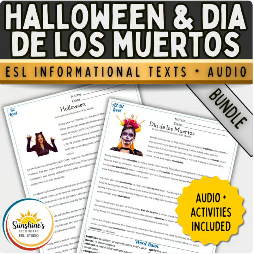 Halloween and Día de los Muertos ESL informational texts with audio and activities for secondary English learners