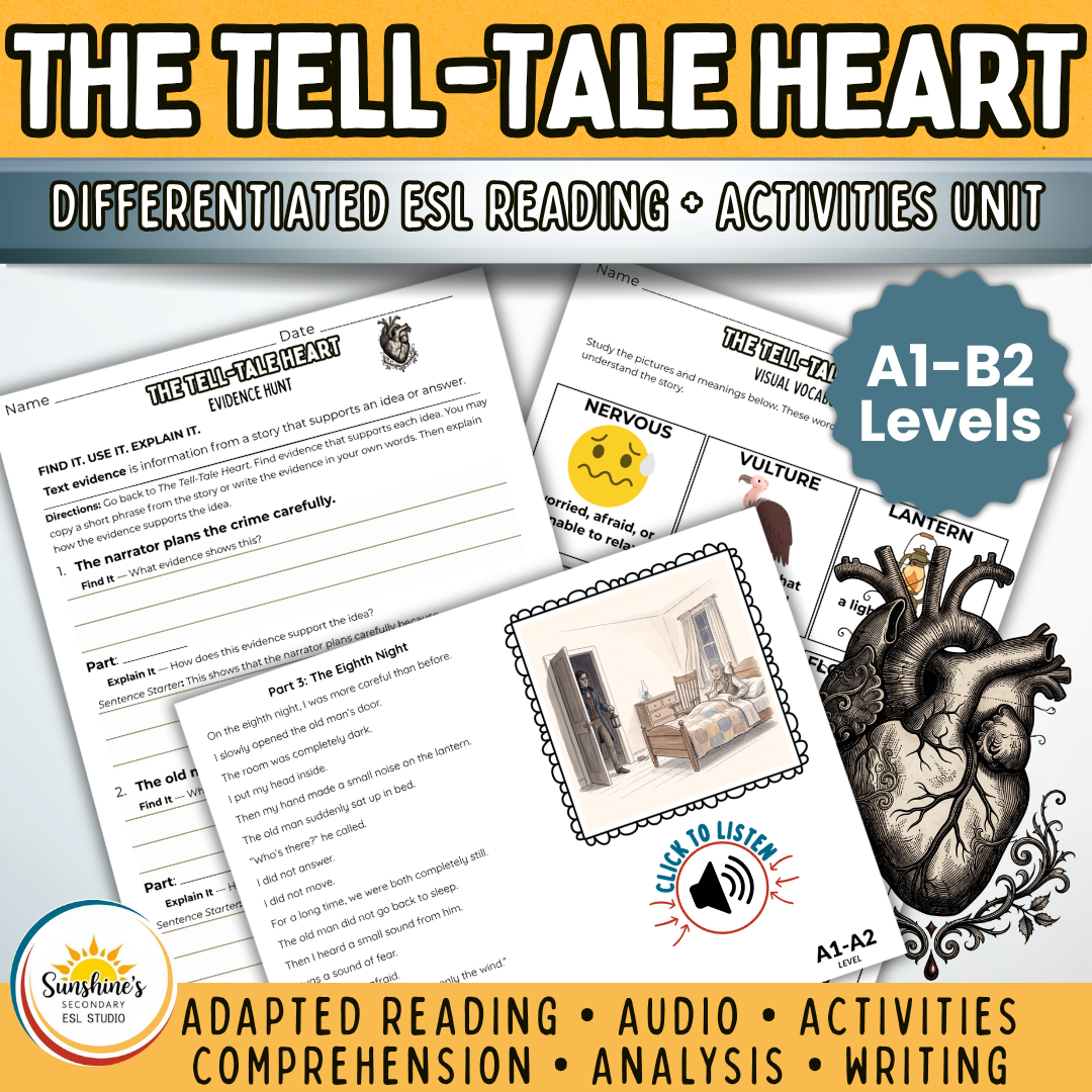 The Tell-Tale Heart differentiated ESL reading and activities unit with adapted text, audio, comprehension, analysis, and writing for A1–B2 students